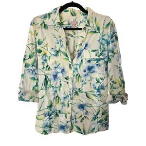 Chico's XL 16 Floral Lightweight Cotton Utility Button Down Shirt Streetwear